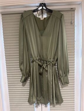 Ramy Brook Olive Green Satin Long Sleeve Dress with Tie Waist, Size XL